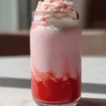 Starbucks Strawberry Cream Frappuccino topped with whipped cream and fresh strawberries