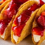 Strawberry cheesecake tacos served with fresh strawberries and whipped cream
