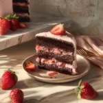 Delicious Strawberry Chocolate Cake topped with fresh strawberries and chocolate ganache