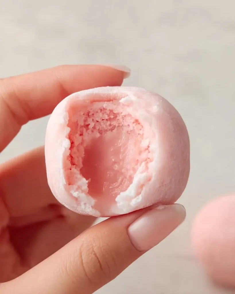 Strawberry Mochi 2 Strawberry mochi dessert featuring fresh strawberries and a chewy rice dough.