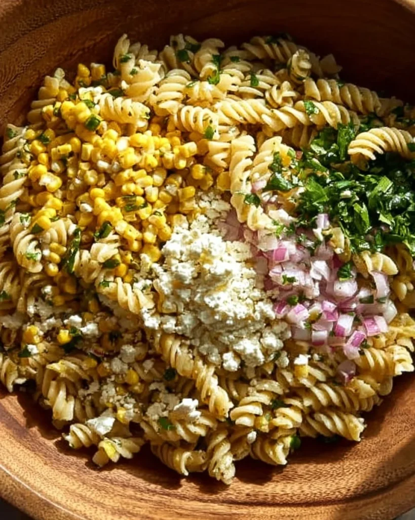 Bowl of colorful street corn pasta salad with fresh ingredients