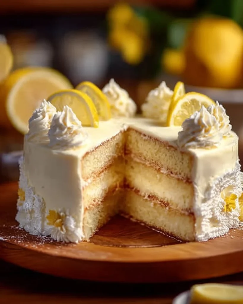 Delicious slice of Italian Lemon Cream Cake topped with fresh lemon zest