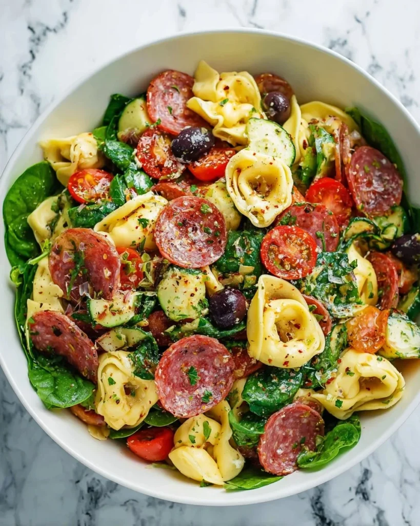 Delicious Tortellini Pasta Salad with fresh vegetables and vinaigrette dressing