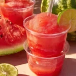 A refreshing watermelon slushie in a glass with a slice of watermelon