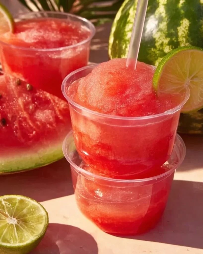 Watermelon Slushies 2 A refreshing watermelon slushie in a glass with a slice of watermelon