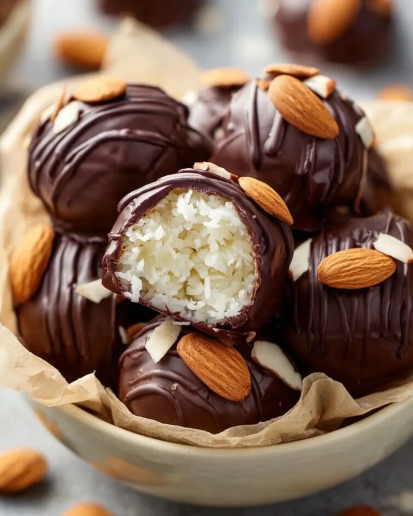 Homemade Almond Joy Truffles with chocolate, coconut, and almonds
