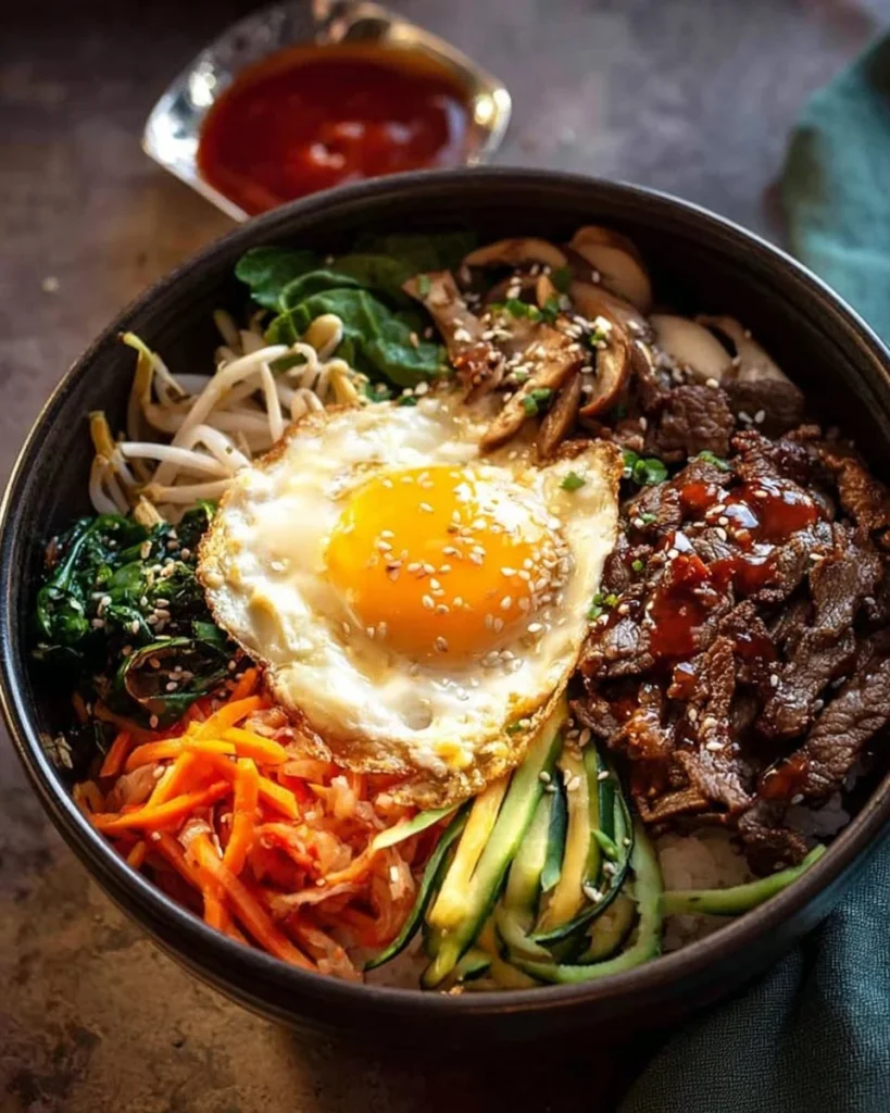 A colorful bowl of bibimbap topped with vegetables and a fried egg