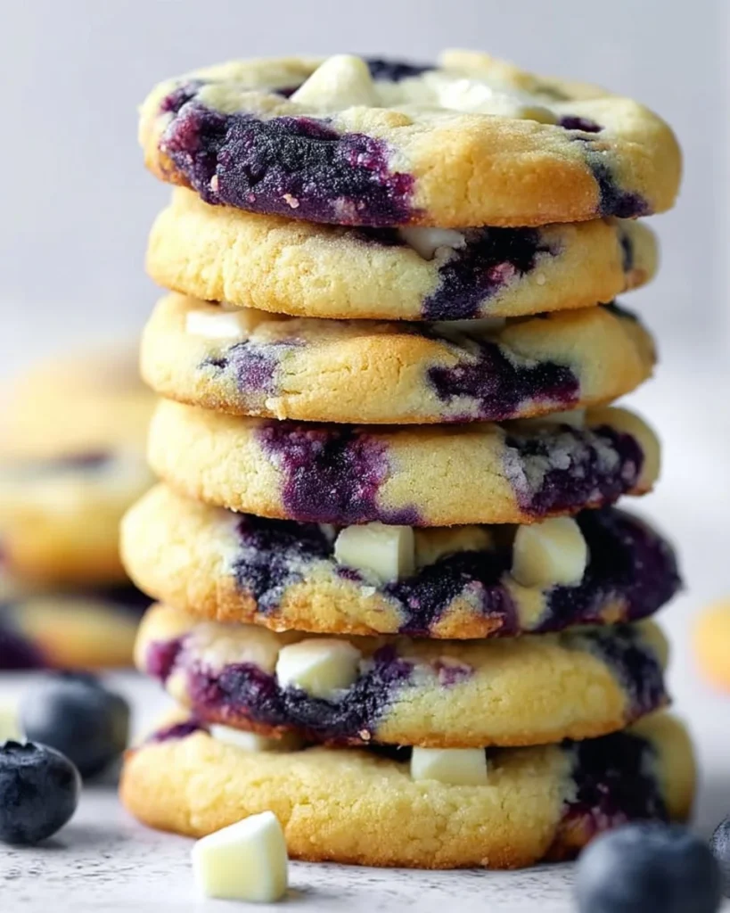 Delicious blueberry cheesecake cookies stacked on a plate
