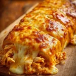 Delicious Buffalo Chicken Cheese Bake topped with melty cheese and spicy sauce