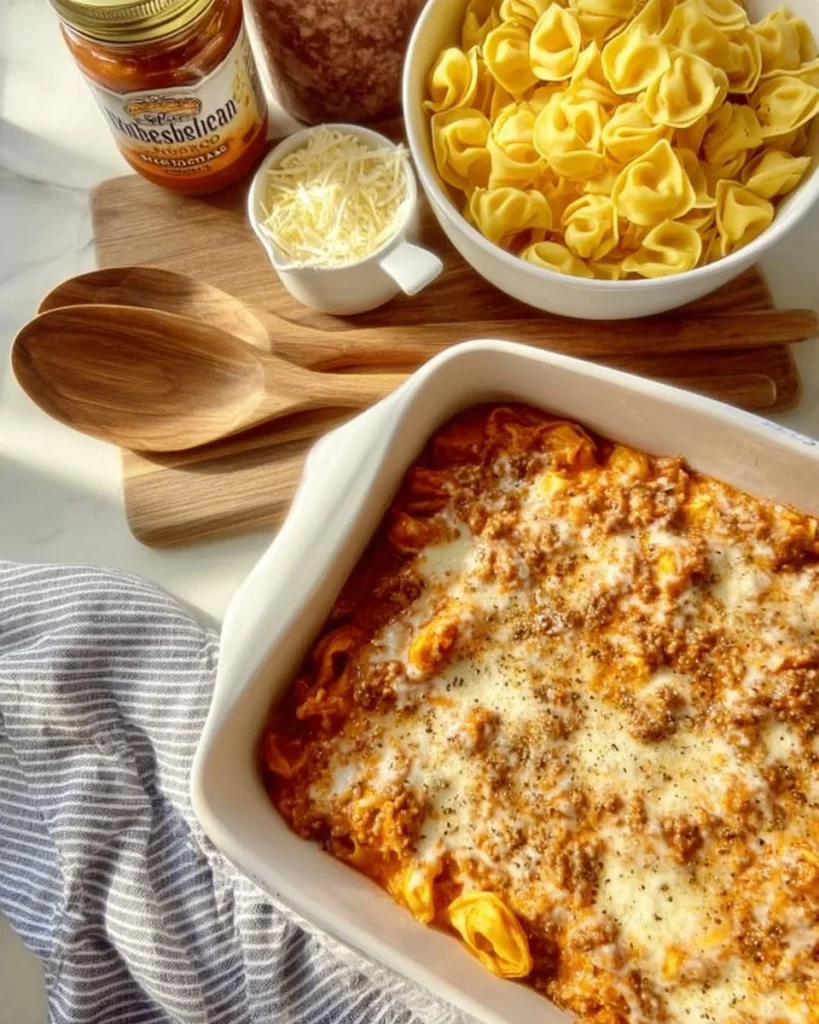Cheesy baked tortellini casserole with meat sauce in a baking dish