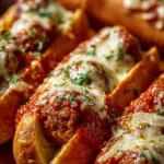 Cheesy meatball subs with melted cheese and fresh ingredients on a rustic bun