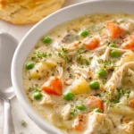 Bowl of Chicken Pot Pie Soup topped with herbs and vegetables