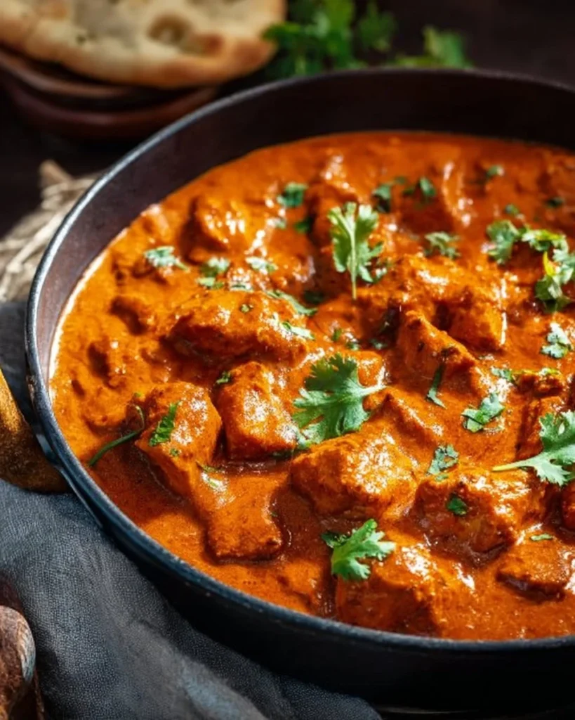 Delicious Chicken Tikka Masala garnished with fresh cilantro and served with rice.
