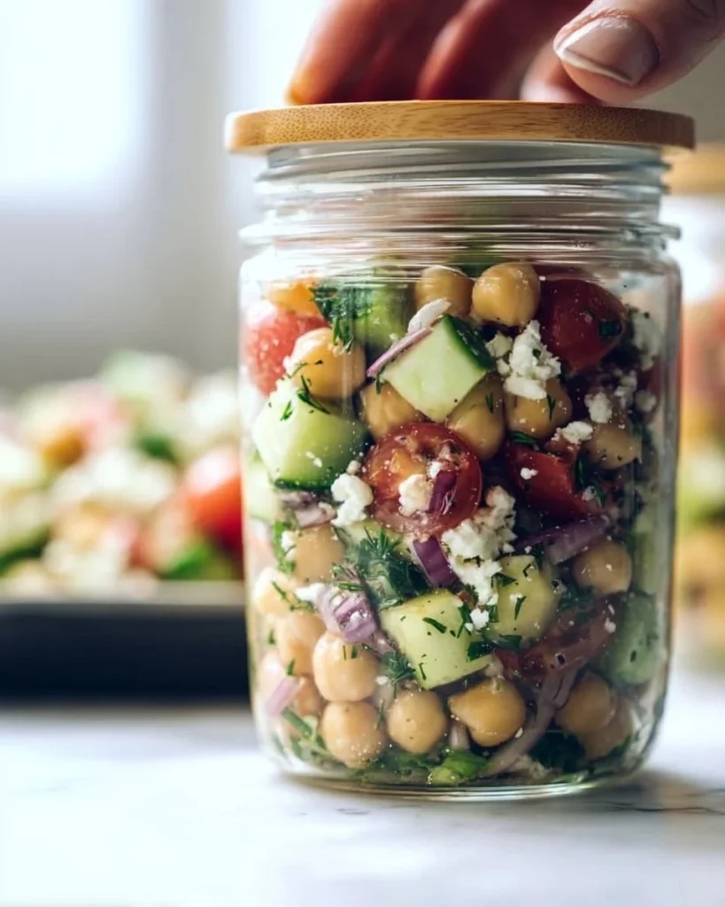 Chickpea cucumber salad with fresh vegetables and dressing
