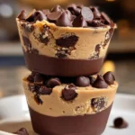 Delicious chocolate chip cookie dough cups topped with chocolate chips.