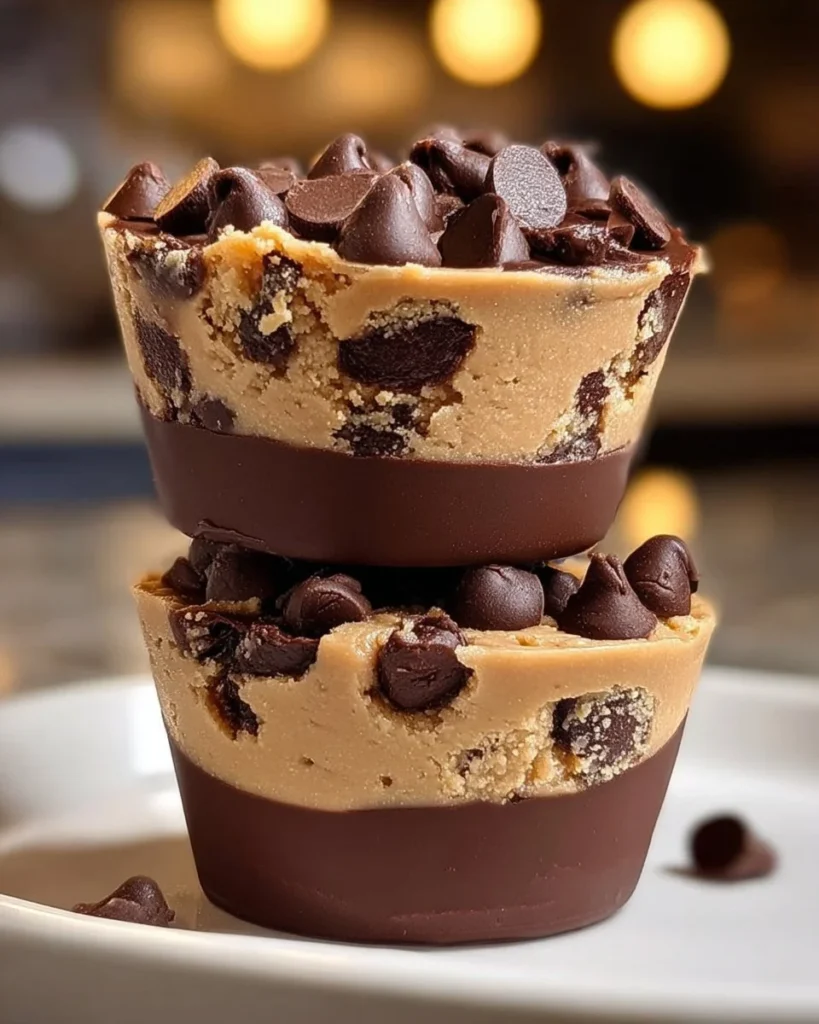 Delicious chocolate chip cookie dough cups topped with chocolate chips.