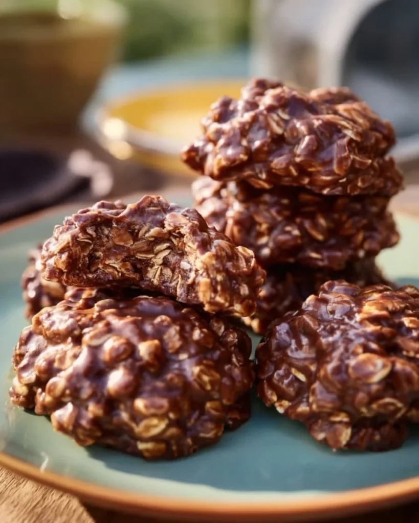 Classic no-bake cookies stacked on a plate, ready to enjoy.