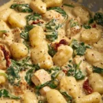 Creamy chicken gnocchi served in a bowl with fresh herbs