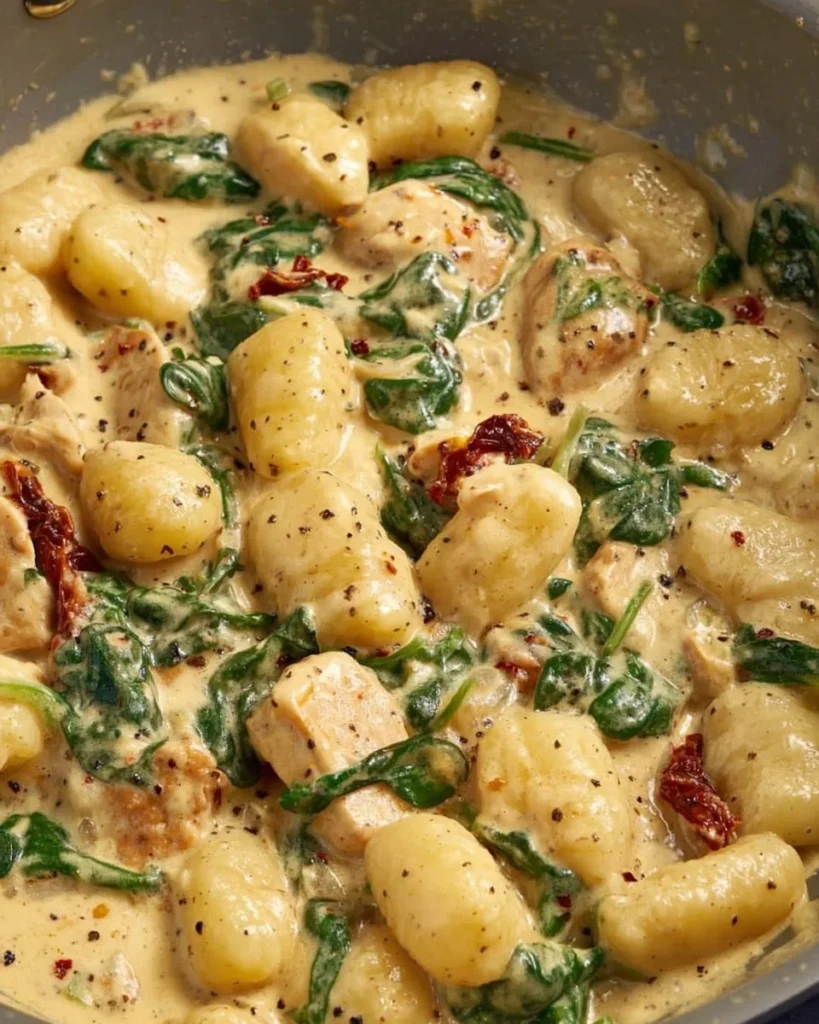 Creamy chicken gnocchi served in a bowl with fresh herbs