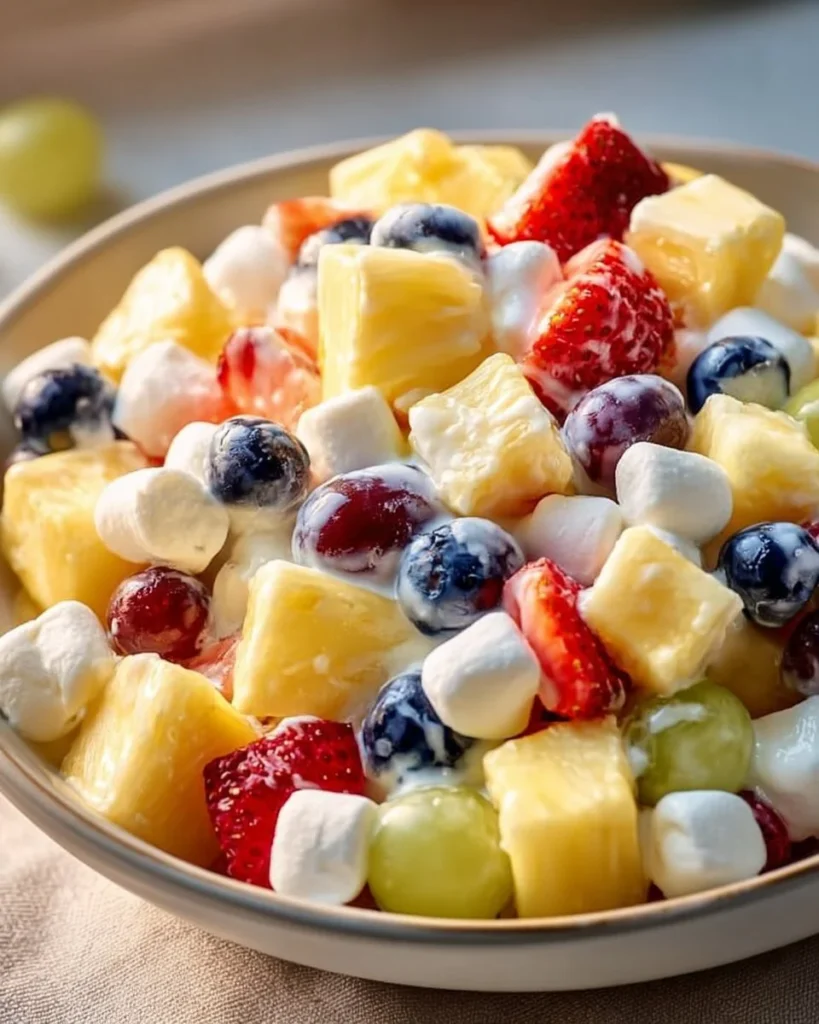 Delicious creamy fruit salad with a colorful mix of fresh fruits