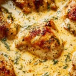 Delicious creamy oven baked chicken thighs garnished with herbs