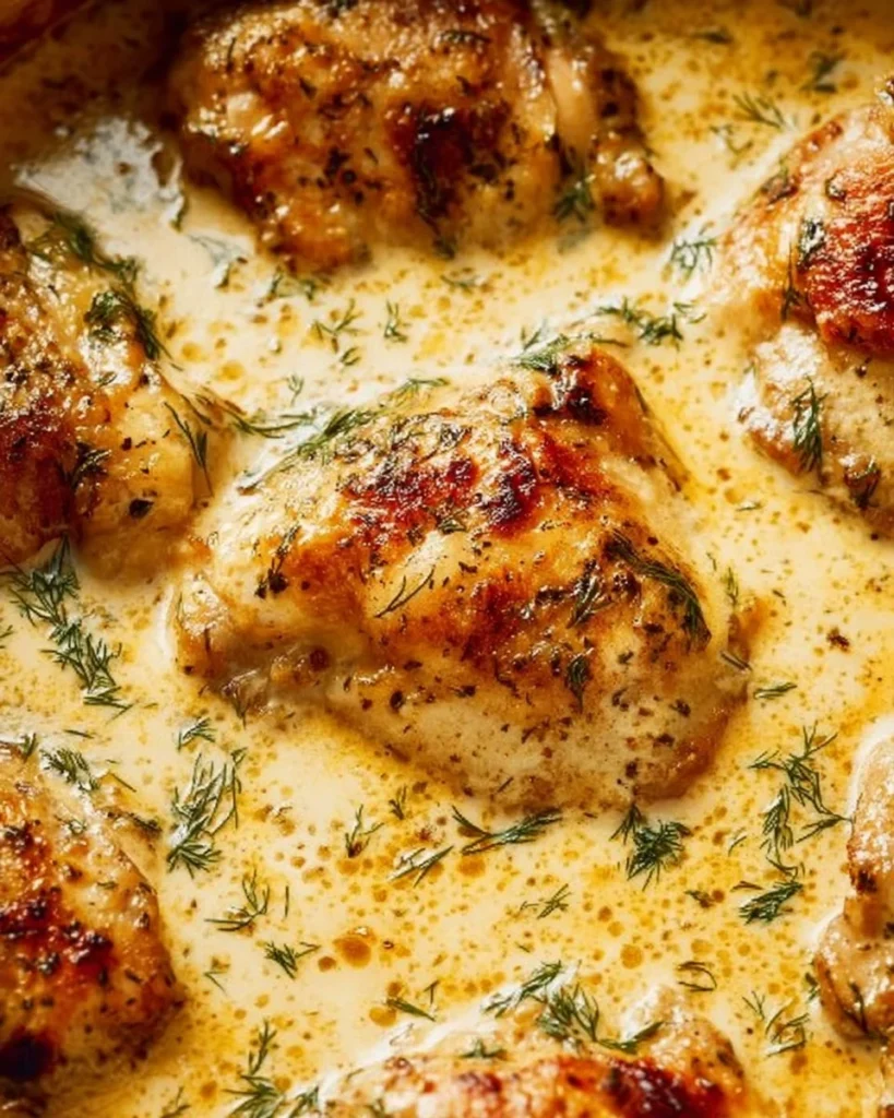 Delicious creamy oven baked chicken thighs garnished with herbs
