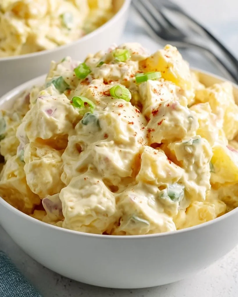 Delicious creamy potato salad in a bowl with fresh herbs and spices.