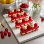 Creamy raspberry cheesecake topped with fresh raspberries and a graham cracker crust