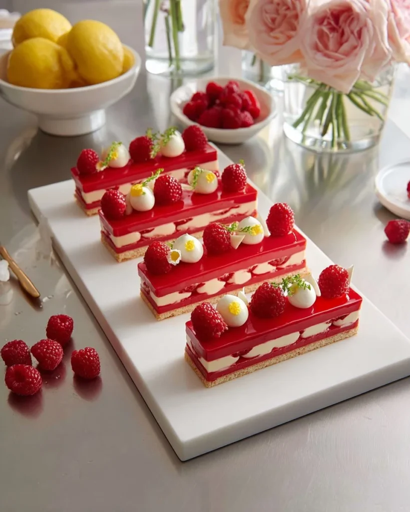 Creamy raspberry cheesecake topped with fresh raspberries and a graham cracker crust
