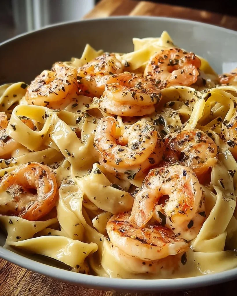 Creamy shrimp fettuccine pasta with homemade Alfredo sauce served in a bowl