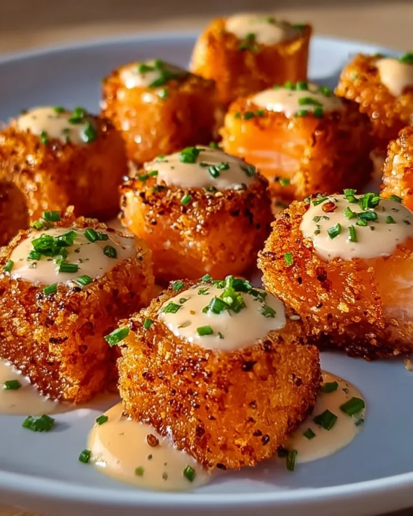 Crispy Bang Bang Salmon Bites served with dipping sauce