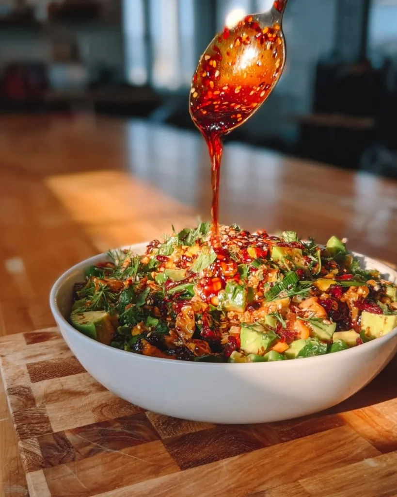Bowl of crispy rice salad topped with colorful vegetables and herbs