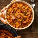 Delicious Crock Pot Jambalaya served in a bowl with fresh herbs