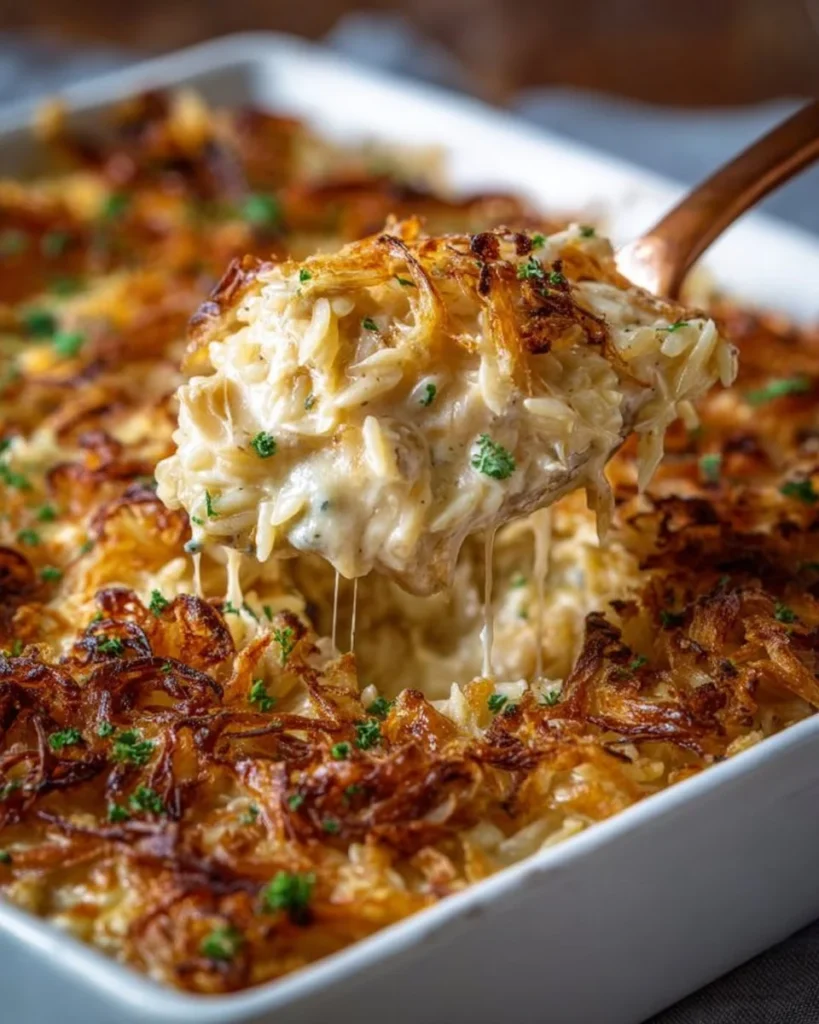 French Onion Chicken Orzo Casserole topped with melted cheese