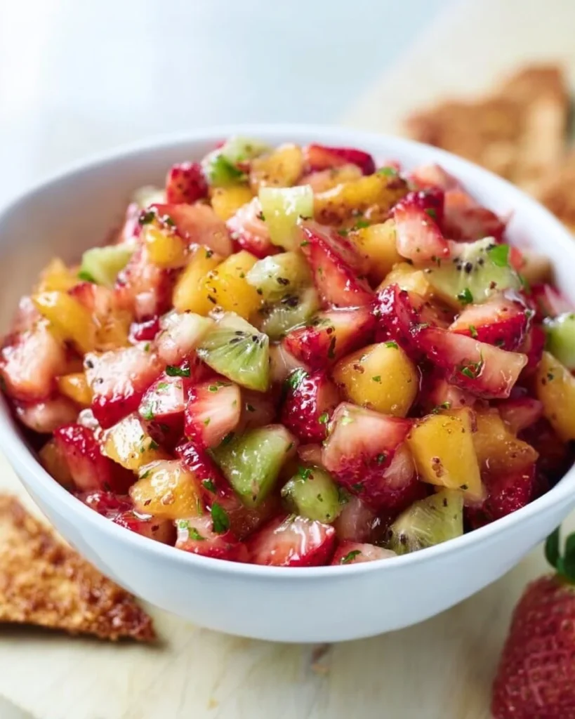 Delicious fruit salsa served with cinnamon sugar pita chips on a plate.