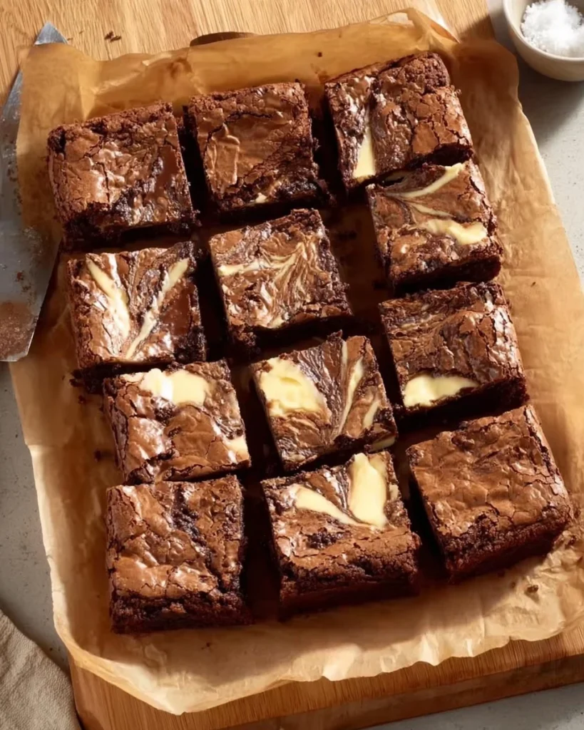 Fudgy cheesecake brownie with a rich chocolate base and creamy topping