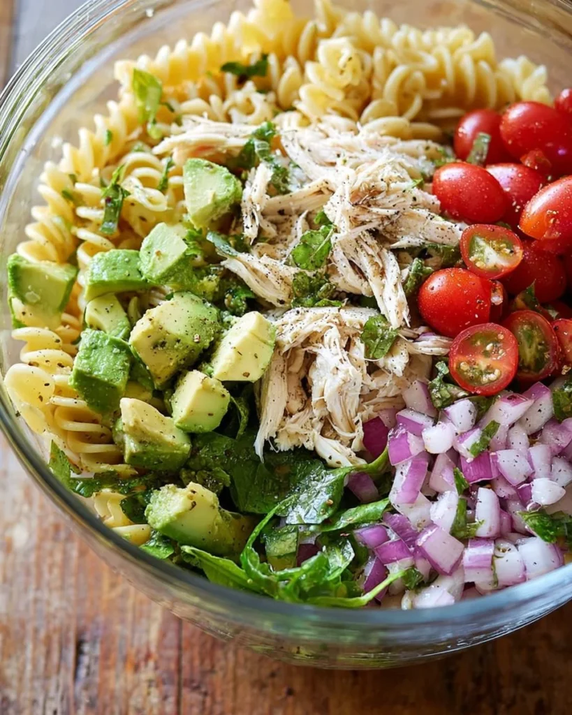Healthy Chicken Pasta Salad with colorful veggies and grilled chicken
