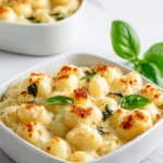 Hearty baked gnocchi mac and cheese served in a rustic dish