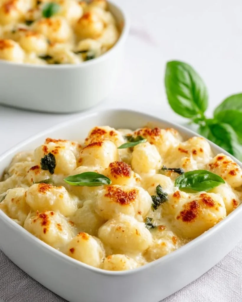 Hearty baked gnocchi mac and cheese served in a rustic dish