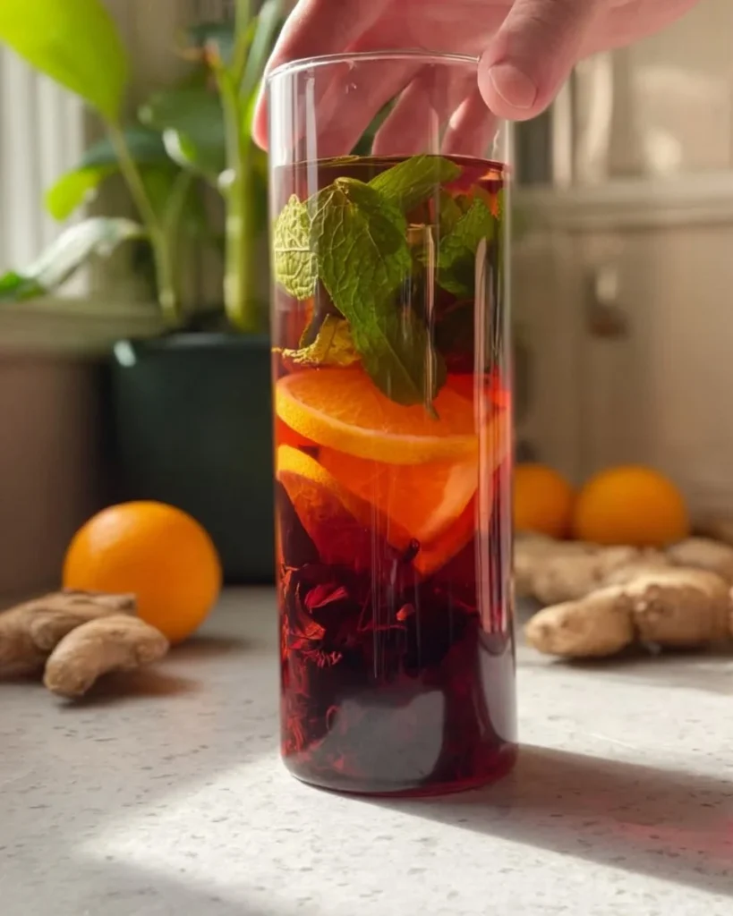 Hibiscus tea with ginger and turmeric in a glass, showcasing its vibrant color.