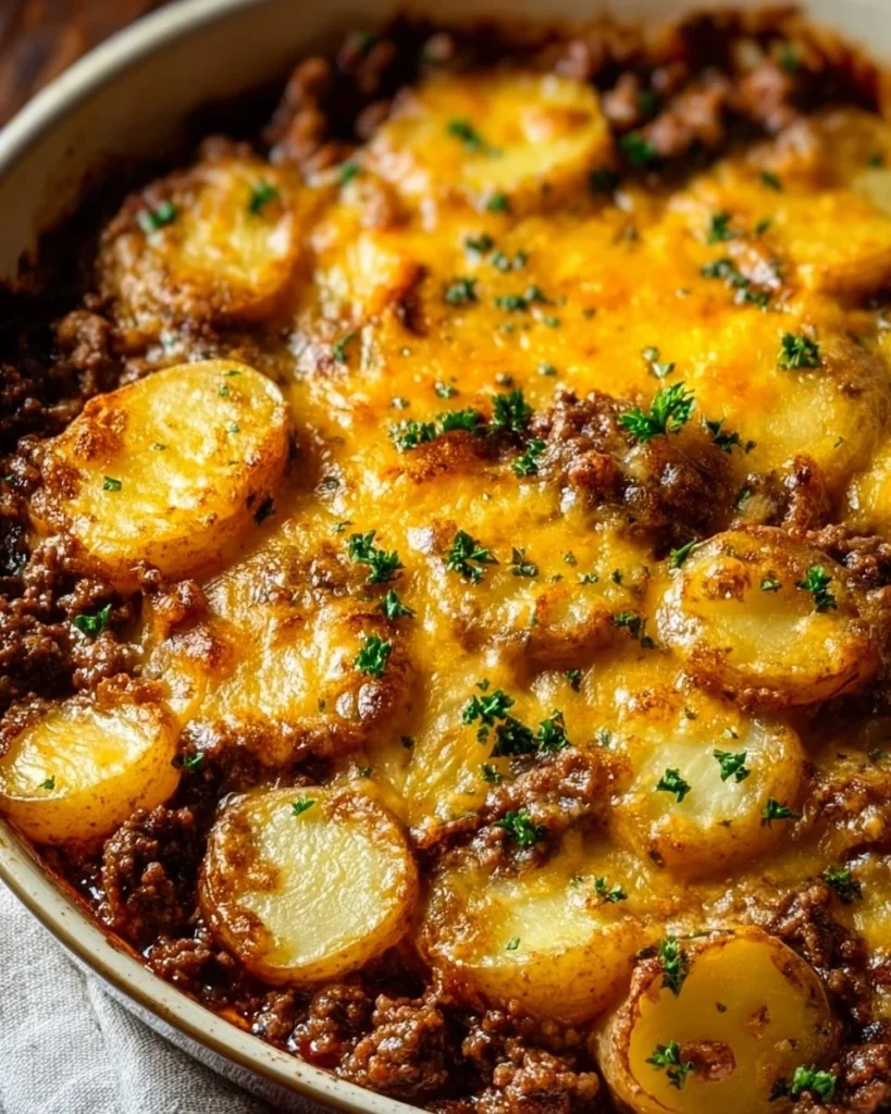 Delicious Hobo Casserole with ground beef and potatoes served in a baking dish