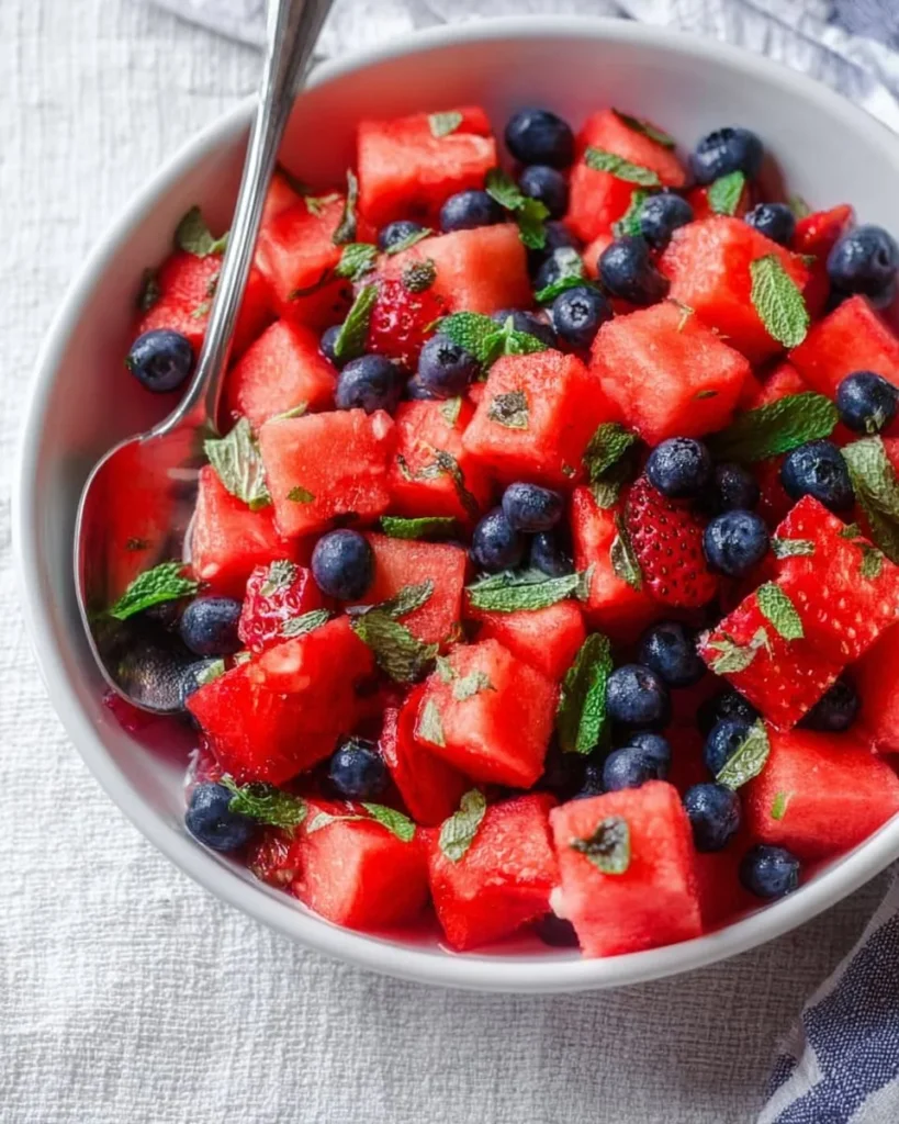 Bright and colorful Honey Lime Mint Watermelon Berry Fruit Salad in a bowl