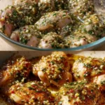 Deliciously cooked juicy chicken thighs served on a plate with herbs
