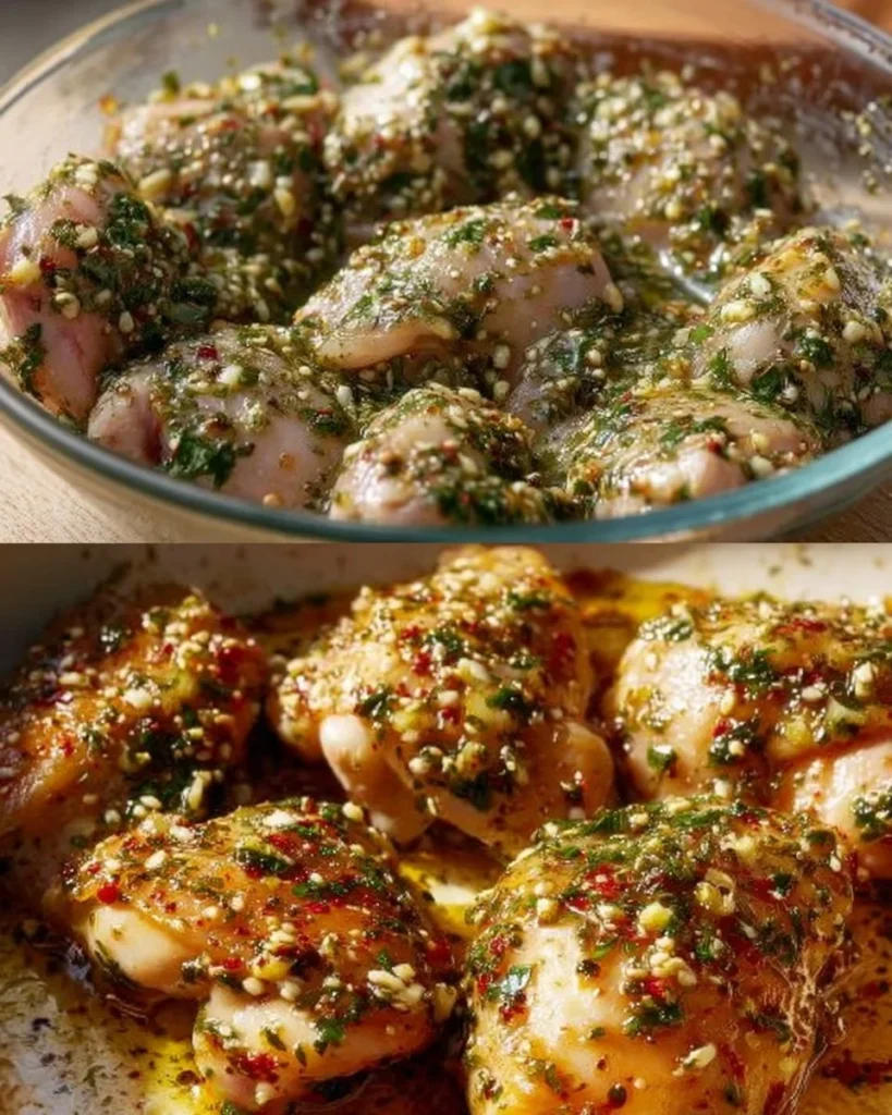 Deliciously cooked juicy chicken thighs served on a plate with herbs