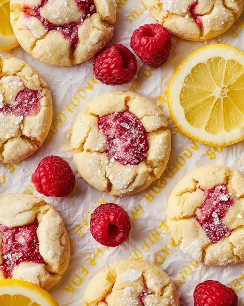 Plate of homemade Lemon Raspberry Cookies with vibrant lemon and raspberry colors.