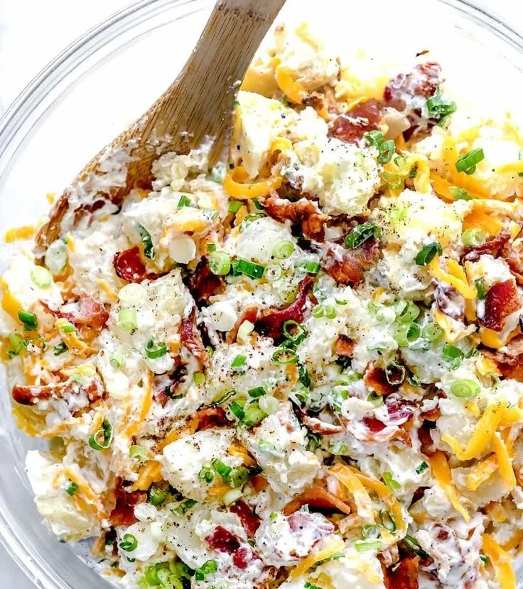 Delicious loaded baked potato salad with toppings in a bowl.