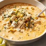 Bowl of vibrant Mexican street corn soup garnished with cilantro and lime.