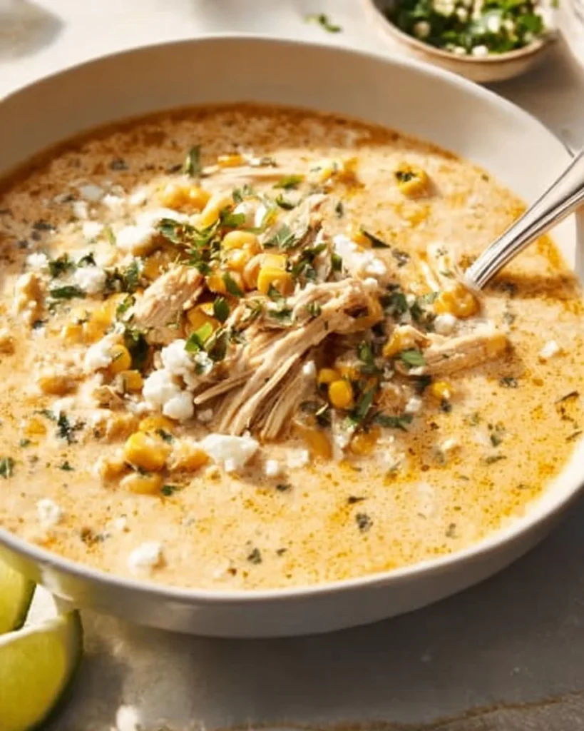 Bowl of vibrant Mexican street corn soup garnished with cilantro and lime.