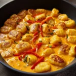 Paprika cream chicken dish served with gnocchi on a white plate