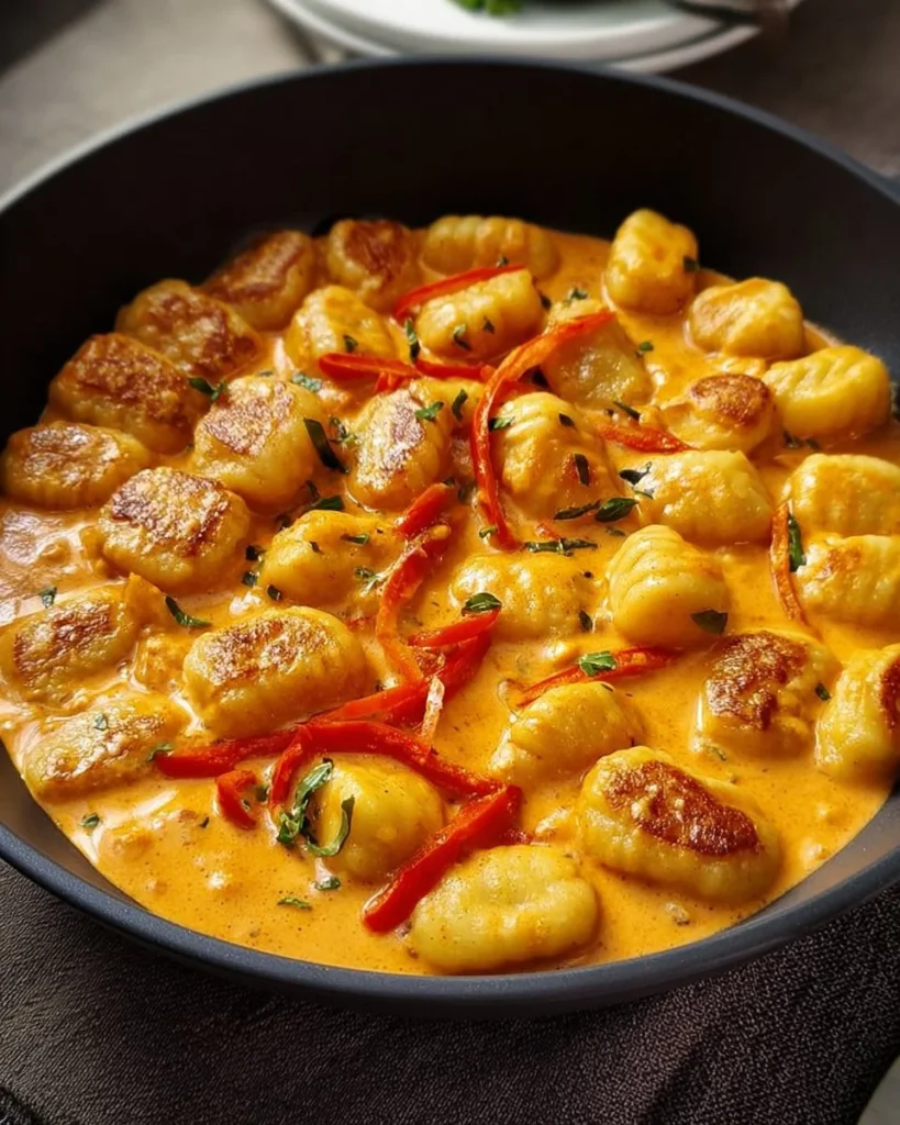 Paprika cream chicken dish served with gnocchi on a white plate